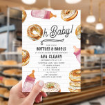 Oh Baby Bottles & Bagels Pink Baby Shower Brunch Invitation<br><div class="desc">Bottles & Bagels baby shower brunch theme with Illustration of a bagel incorporated in to the design "oh baby" with pink baby bottles and bagel illustrations all around.  Background design is subway tile.</div>