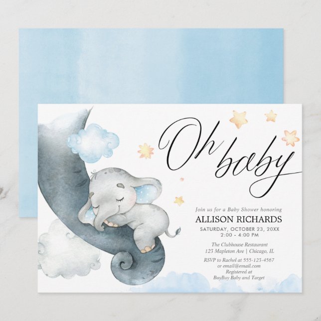 Oh baby boy elephant blue yellow baby shower invitation (Front/Back)