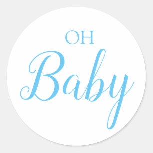 Oh Baby Boy Gender Reveal Blue Script Classic Round Sticker