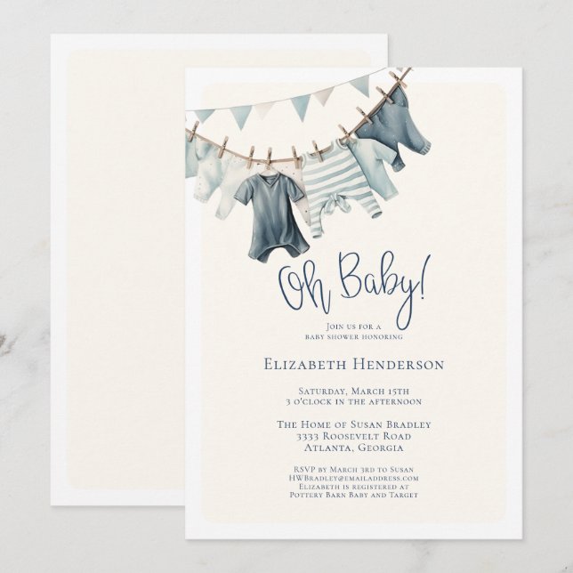 Oh Baby Boy Vintage Clothesline Baby Shower Invitation (Front/Back)