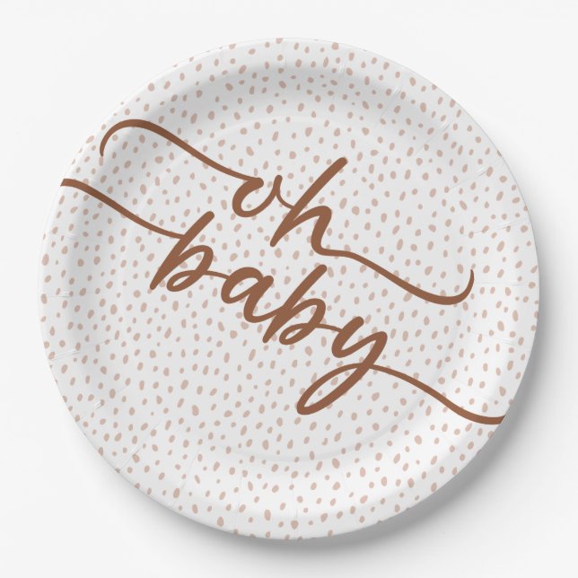 "Oh Baby" Brown Script Baby Shower Paper Plate (Front)