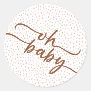 "Oh Baby" Brown Script & Beige Dots Baby Shower Classic Round Sticker