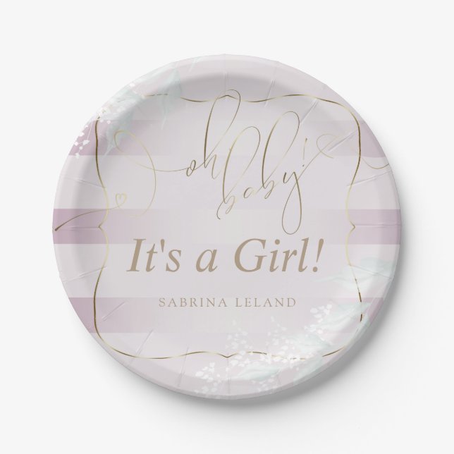 OH Baby! Calligraphy Ombré Rose Pink Stripes Paper Plate (Front)