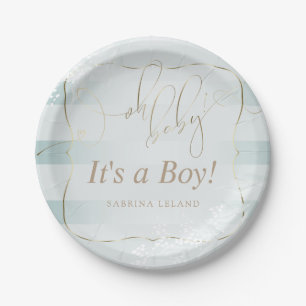 OH Baby! Calligraphy Ombré Teal Blue  Stripes Paper Plate