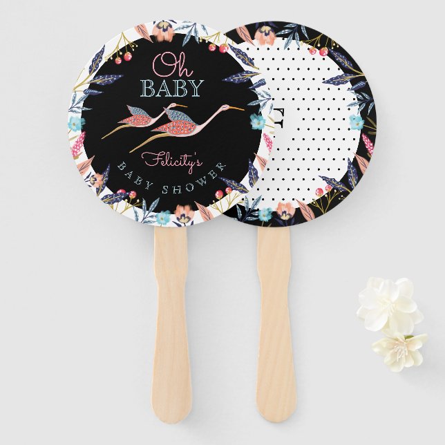 Oh Baby | Chic Floral Botanical Stork Baby Shower Hand Fan (Front and Back)