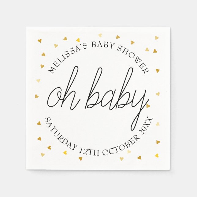 Oh Baby Chic Script Gold Heart Baby Shower Napkin (Front)