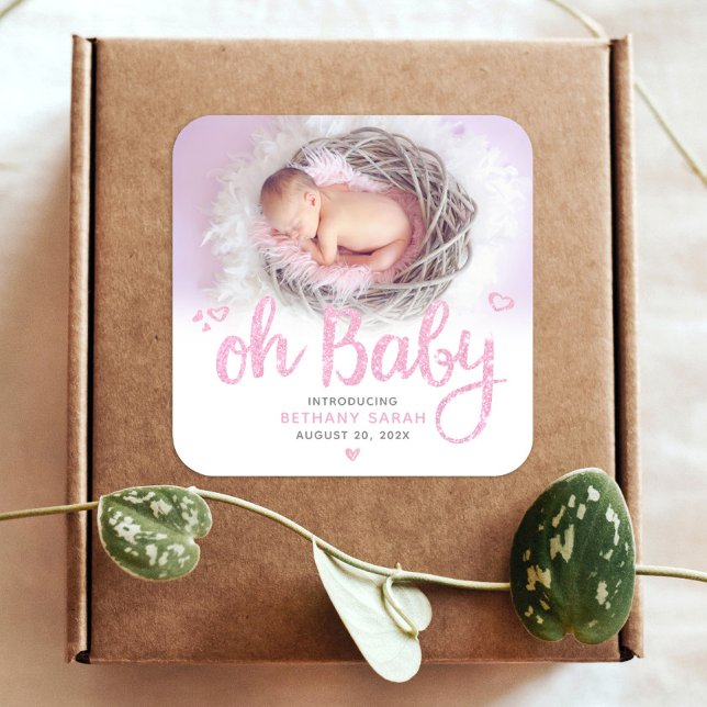 Oh Baby Chic Sweet Modern Pink Girl Birth Photo Square Sticker (Creator Uploaded)