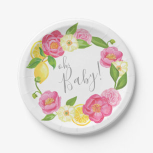 Oh Baby Citrus Lemon Floral Baby Shower Lemon Rose Paper Plate