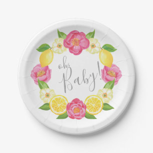 Oh Baby Citrus Lemon Floral Wreath Baby Shower Paper Plate