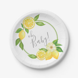 Oh Baby Citrus Lemon Floral Wreath Baby Shower Paper Plate