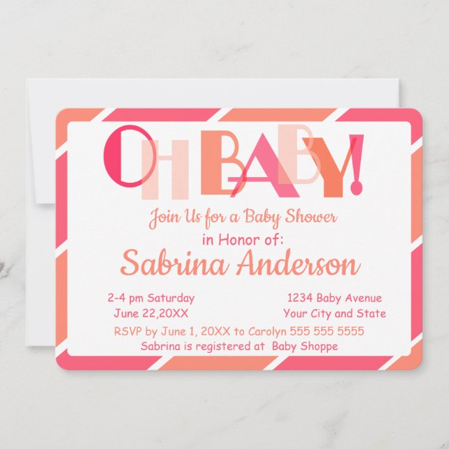 Oh Baby Coral Modern Typography Baby Shower Invitation (Front)