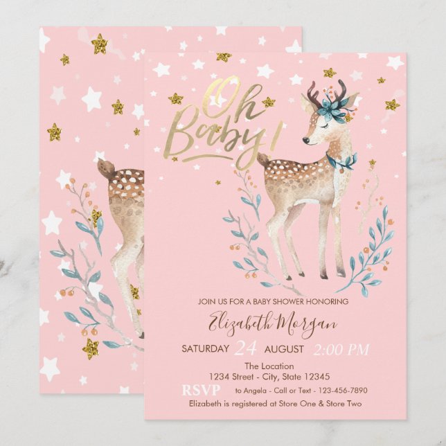 Oh Baby Cute Baby Deer Stars Baby Shower Invitation (Front/Back)