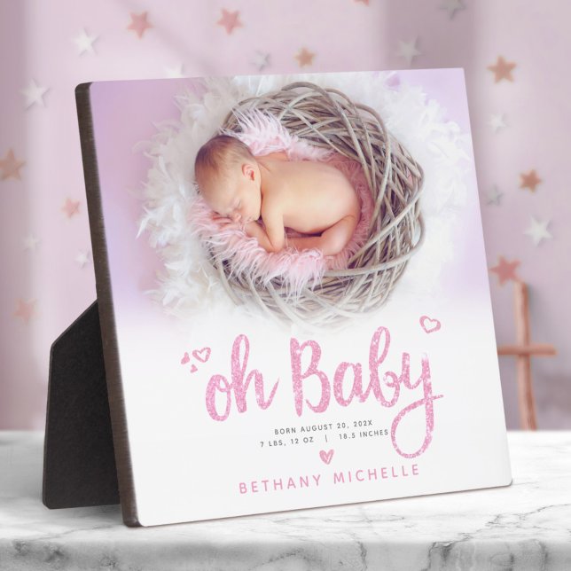 Oh Baby Cute Girl Birth Photo Pink Script Keepsake Plaque (Creator Uploaded)