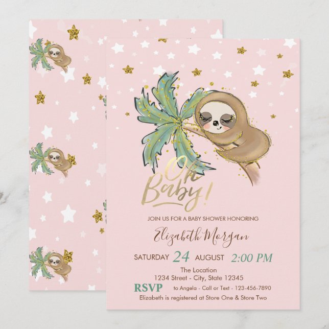 Oh Baby Cute Sleeping Sloth Stars Baby Shower Invitation (Front/Back)
