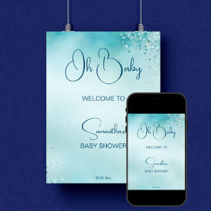 Oh baby cyan aqua blue baby shower welcome poster