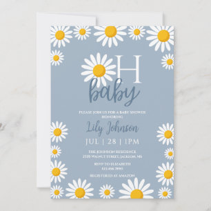 Oh Baby Daisy Blue Baby Shower Photo QR Code Invitation