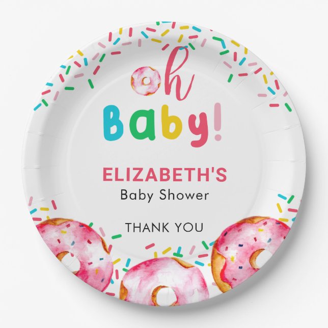 Oh Baby Doughnut Shower Cute Rainbow Sprinkles Paper Plate (Front)