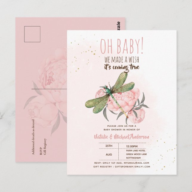 Oh Baby DRAGONFLY Make A Wish Baby Shower Floral I Postcard (Front/Back)