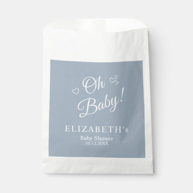 "Oh Baby" Dusty Blue Modern Minimalist Baby Shower Favour Bag (Front)