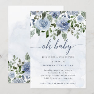 Oh Baby   Dusty Blue Watercolor Flowers Shower Invitation