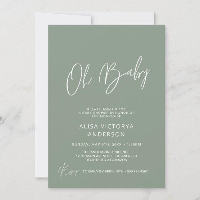Oh Baby Dusty Green Simple Douche Invitation (Devant)
