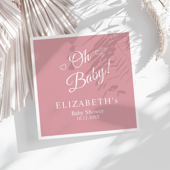"Oh Baby" Dusty Pink Modern Minimalist Baby Shower Napkin ("Oh Baby" Dusty Pink Modern Minimalist Baby Shower Napkins on a sunny white boho table.)