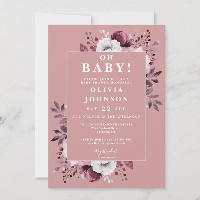 Oh Baby Dusty Rose Floral All In One Baby Shower Invitation (Front)