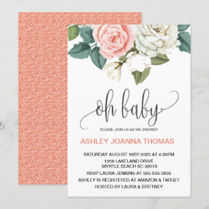 Oh Baby Elegant Coral Flowers Baby Shower Invitation
