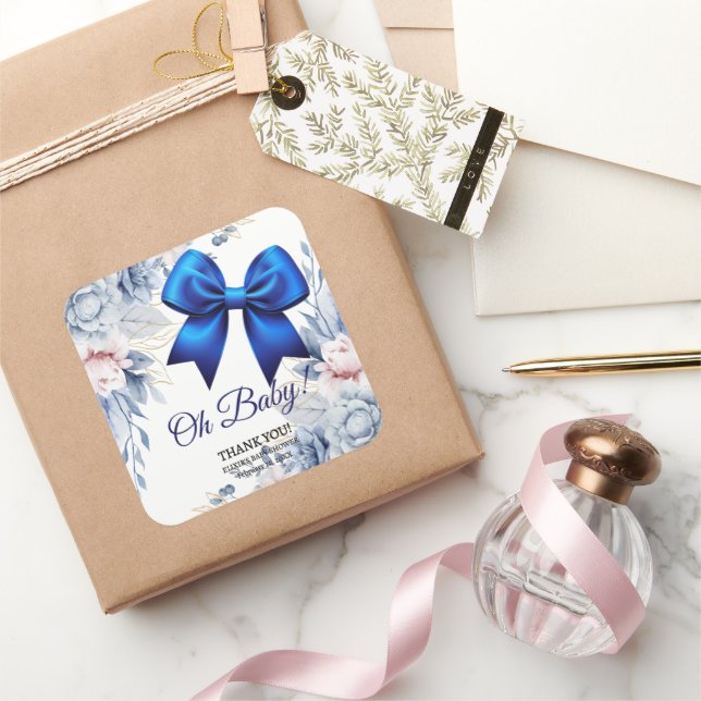 Oh Baby! Elegant Floral Blue Bow Baby Shower Square Sticker (Gifting)