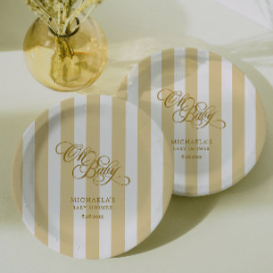 Oh Baby Elegant Script & Stripes Baby Shower Paper Plate