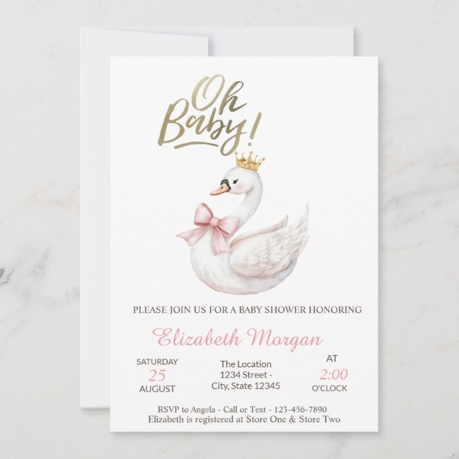 Oh Baby Elegant Swan Bow Crown Flowers  Invitation (Front)