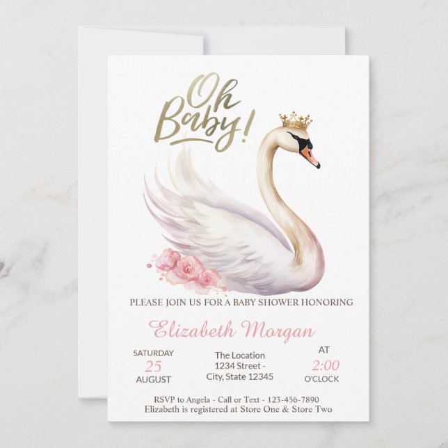 Oh Baby Elegant Swan Crown Flowers Baby Shower   Invitation (Front)