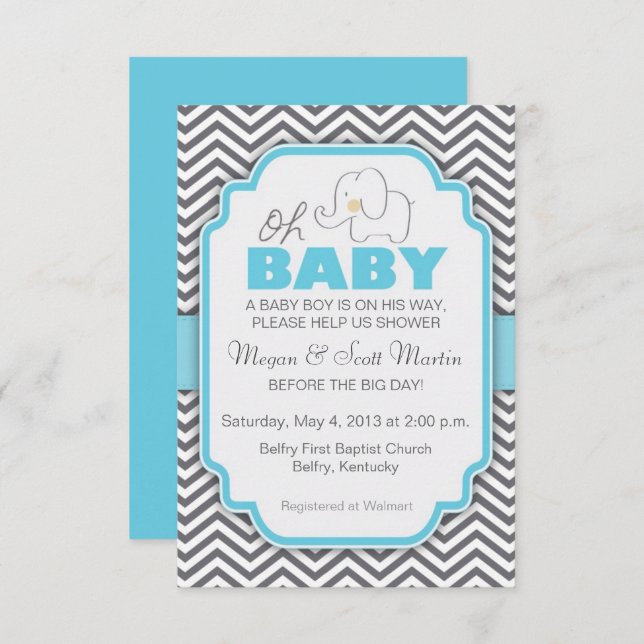 Oh Baby Elephant - Blue & Grey Baby Shower Invite (Front/Back)