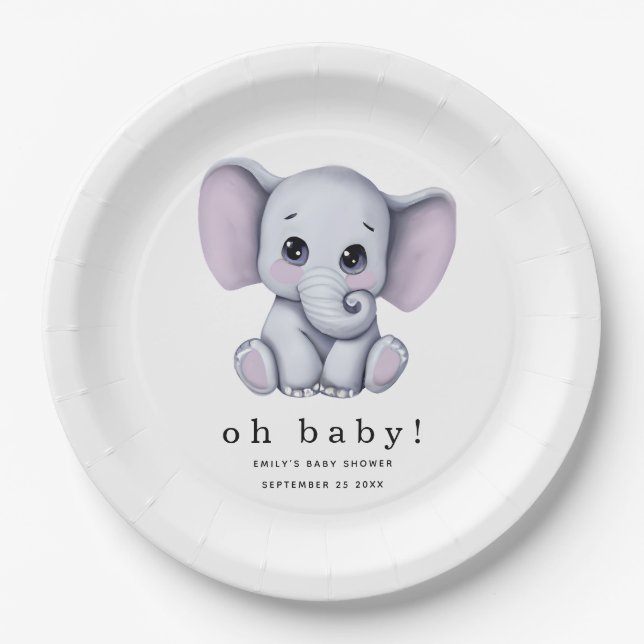 Oh Baby Elephant Gender Neutral Baby Shower Paper Plate (Front)