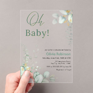 Oh Baby Eucalyptus Greenery Gold Baby Shower Acrylic Invitations