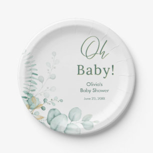 Oh Baby Eucalyptus Greenery Gold Baby Shower  Paper Plate