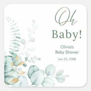 Oh Baby Eucalyptus Greenery Gold Baby Shower  Square Sticker