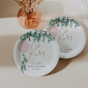 Oh Baby Eucalyptus Pink Balloon Baby Shower Paper Plate