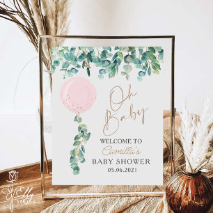 Oh Baby Eucalyptus Pink Balloon Baby Shower Poster