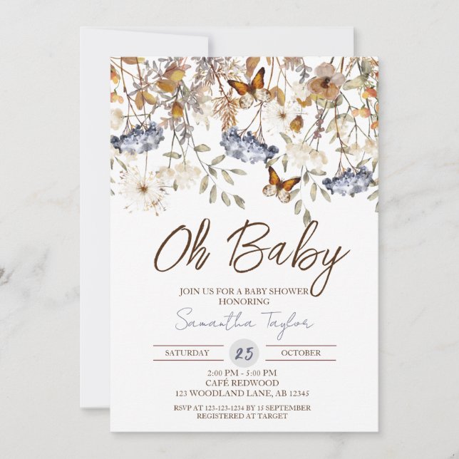 Oh Baby, Fall Baby Shower, Butterfly, Foliage Invitation (Front)