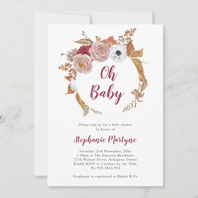 Oh Baby Fall Floral Wreath Baby Shower Invitation (Front)