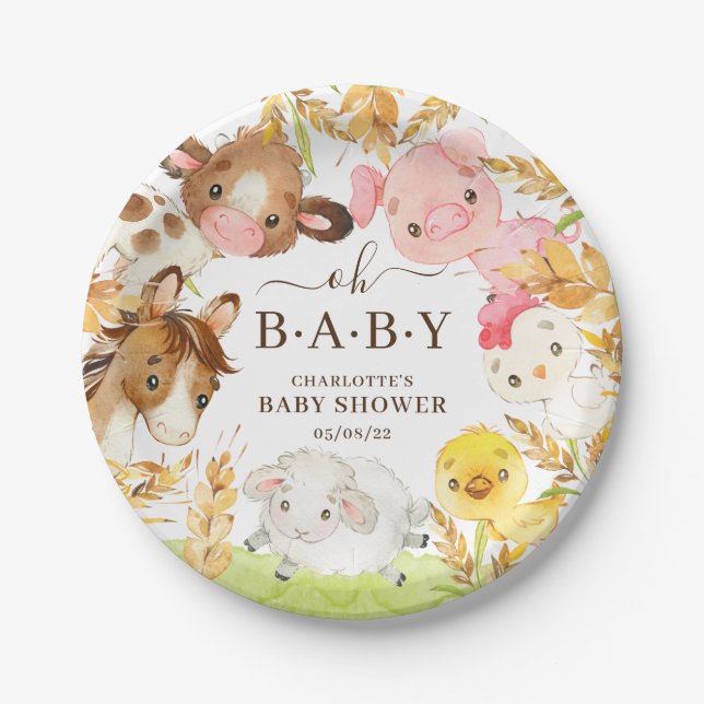 Oh Baby Farm Animals Baby Shower 7" Plate (Front)