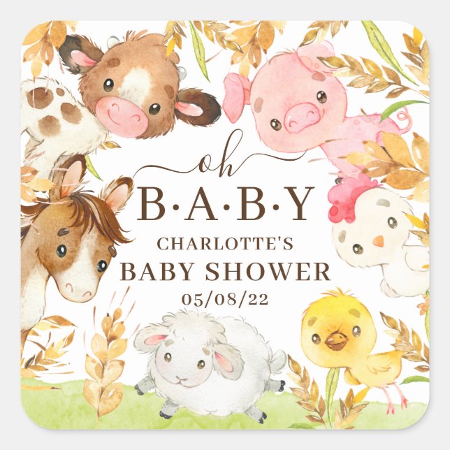  Oh Baby Farm Animals Baby Shower Favour  Classic  Square Sticker (Front)
