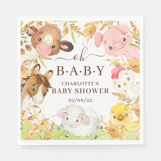 Oh Baby Farm Animals Baby Shower Paper Napkins (Front)