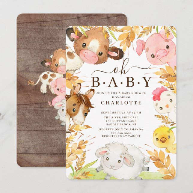 Oh Baby Farm Animals Shower Invitation (Front/Back)