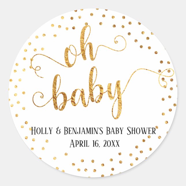 "Oh Baby" Faux Gold Foil Confetti w/ Names & Date Classic Round Sticker (Front)