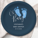 Oh Baby Feet Navy Blue Baby Shower Paper Plate<br><div class="desc">These simple and stylish baby shower paper plates are decorated with cute hand-painted watercolor baby's feet in pastel blue on a dark navy blue background. They say Oh Baby in stylish script typography. Easily customizable. Because we create our artwork you won't find this exact image from other designers. Original Watercolor...</div>