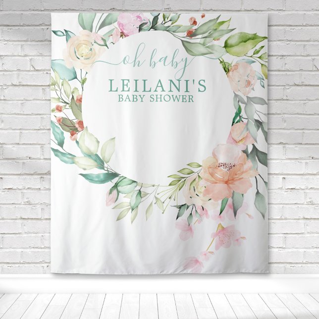 Oh Baby Floral Botanical Wreath Baby Shower Tapestry (Pastel watercolor floral wreath oh baby hand lettering baby shower backdrop for a botanical photo op)