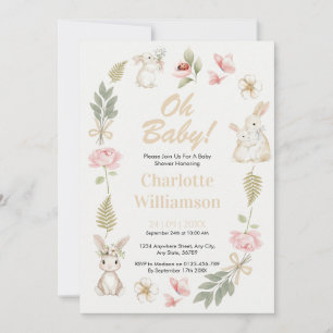 Oh Baby Floral Bunny Beige Baby Shower Invitation