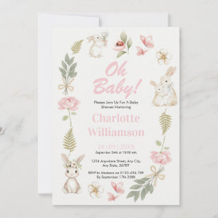 Oh Baby Floral Bunny Blush Pink Baby Shower Invitation